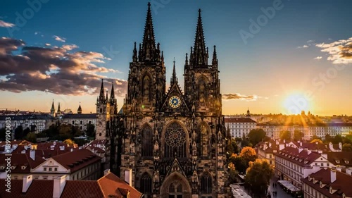 St Vitus Cathedral in Prague Czech Republic at Sunset with Beautiful Orange Hues and Aerial View