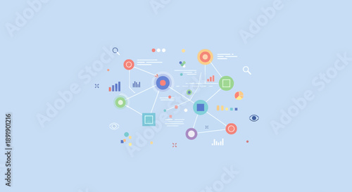 Abstract digital network with interconnected technology and data icons on blue background.