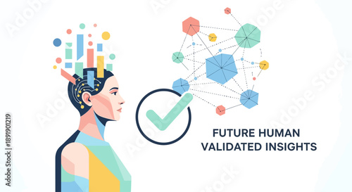 Conceptual illustration of future human validated insights with abstract technology and data visualization.