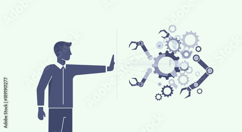 Businessman stopping robotic arms and gears representing technology control.