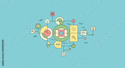 Abstract digital illustration of interconnected technology and data icons on blue background.