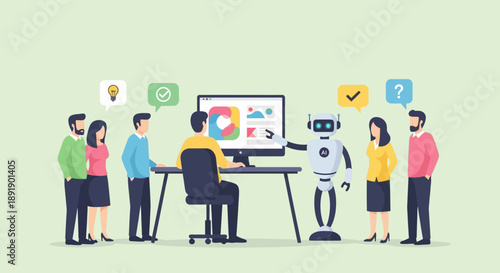 Business team collaborating with artificial intelligence robot for data analysis and decision making.