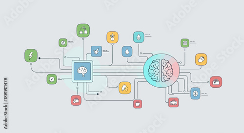 Conceptual illustration of artificial intelligence and machine learning integration with digital technology icons.