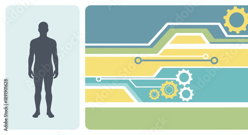 Human silhouette next to abstract technological circuit and gear design.