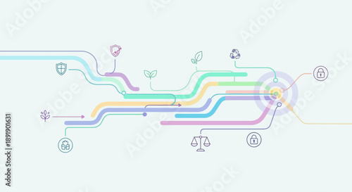 Abstract concept of interconnected digital network with technology and science icons.