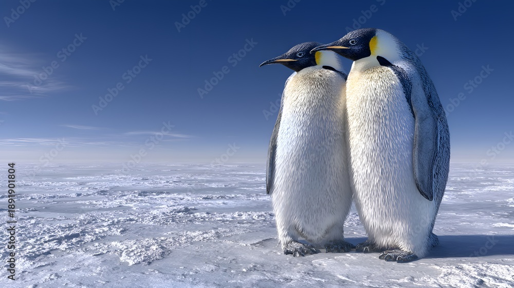Obraz premium Two emperor penguins stand side by side on the snowy landscape under a clear blue sky in a digitally generated nature scene illustration.