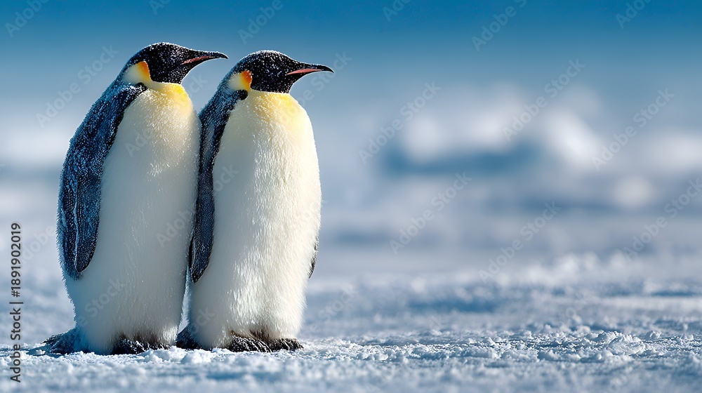 Obraz premium Two emperor penguins stand together on a snowy landscape with a blurred background of icebergs and a bright blue sky in Antarctica scene.