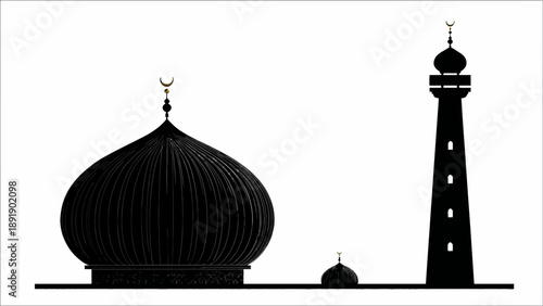Serene Ramadan atmosphere with mosque silhouette, lantern, crescent moon, prayer, Islamic symbols in minimalist digital art