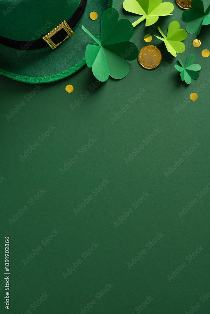 Fototapeta premium Vibrant vertical St Patrick's Day themed scene featuring a green hat, paper shamrocks, gold coins, and leprechaun inspired accents on a rich green background ready for festive posts