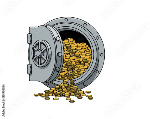 Open bank vault door with overflowing gold coins and bullion bars, cartoon style vector illustration of wealth, savings, and financial security isolated on white background.