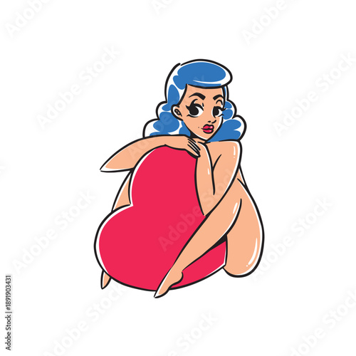 Vector pin up illustration. Cartoon naked woman hugs big large plush red heart toy on white background. Sticker, t-shirt print. Concept of February 14, love, wedding, Valentine Day, 8 march, holiday