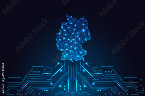 Digital map of Germany glowing on circuit board, AI transformation and tech-powered nation vector 