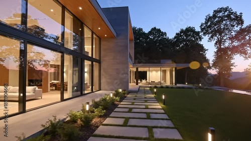 Luxurious Modern Home Exterior with Glowing Walkway at Dusk, Elegant Architecture and Scenic Views