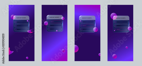 Vertical Glassmorphism poll UI templates with translucent frosted cards, neon gradient BG. Interactive quiz and voting layouts for social media stories, apps, Mobile UI UX GUI FRAMES 