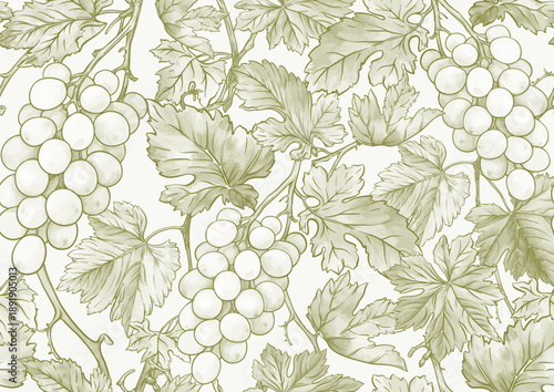 Seamless vector pattern with ripe grape bunches, leaves, and vines. Hand-drawn watercolor style. Ideal for wine labels, textiles, wallpapers, and packaging. Elegant, botanical, and vintage-inspired.