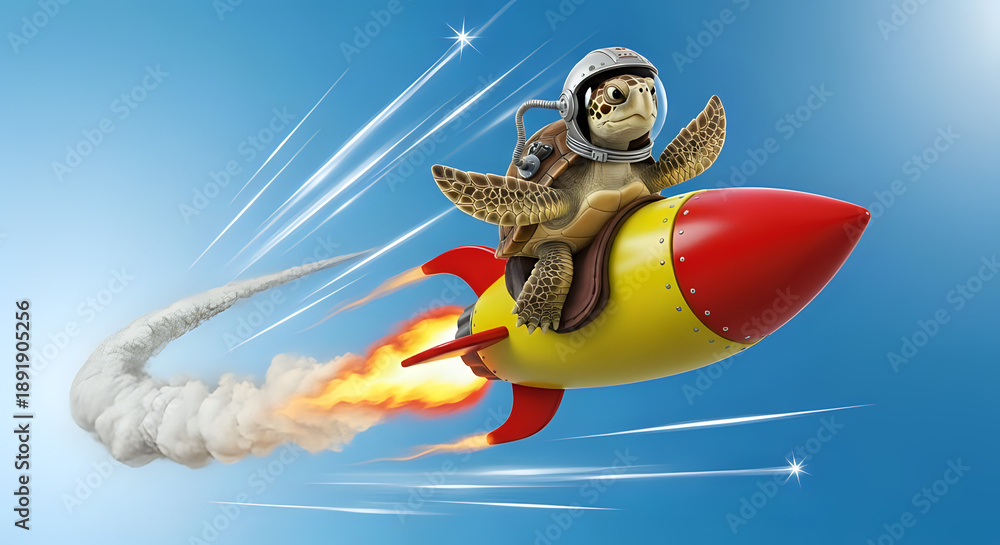 Fototapeta premium Funny cartoon sea turtle wearing an astronaut helmet speeds through the bright blue sky while riding a brightly colored yellow and red rocket ship