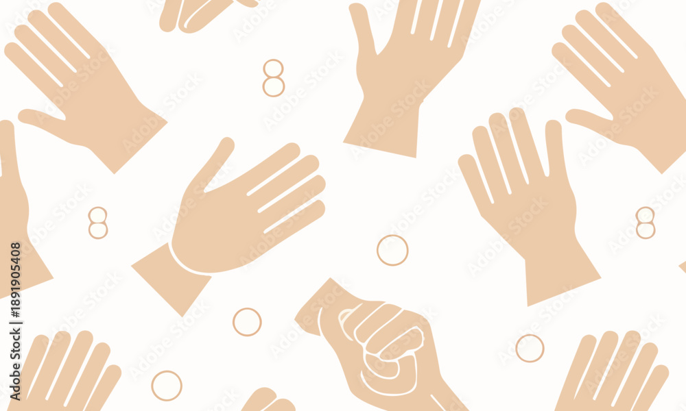 Fototapeta premium Seamless pattern with human hand gestures, Minimalist vector background with open palms, pointing fingers, and holding hands
