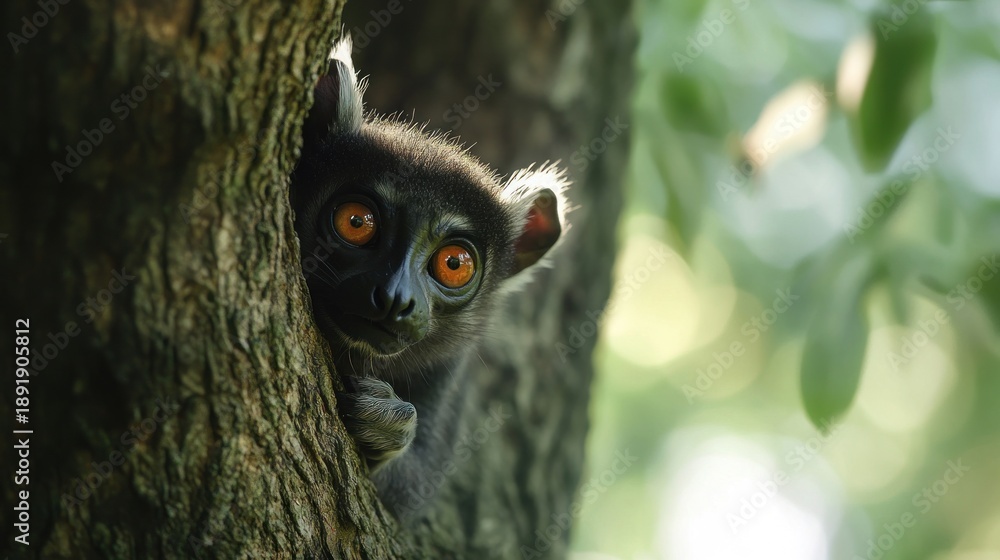 Obraz premium Black lemur peeking from tree trunk