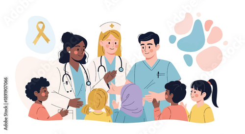 Pediatric Care and Compassion for Childhood Cancer Awareness Flat Vector Illustration