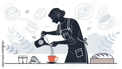 Barista preparing coffee in a modern cafe, pouring beans into a cup with surrounding pastries and coffee elements in a clean illustration style.