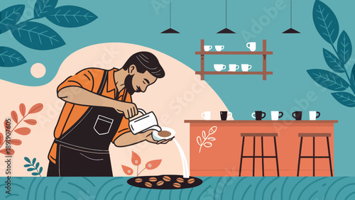 Barista skillfully preparing coffee in a vibrant cafe setting with plants and wooden counter, pouring liquid into a cup amidst coffee beans.