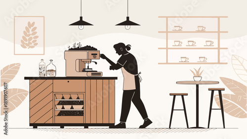 Barista operating an espresso machine in a stylish cafe with plants and seating, preparing coffee drinks with a focus on craftsmanship.