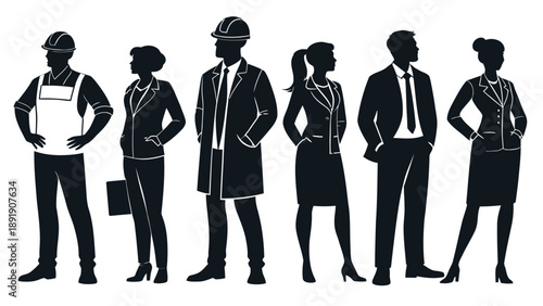 Diverse group of professionals in silhouette, including a construction worker, doctor, engineer, and businesspeople, representing various careers.