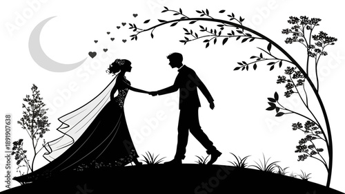 Romantic silhouette of a bride and groom holding hands under a moonlit archway with heart-shaped leaves, celebrating love and marriage.