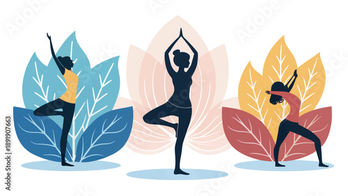Three silhouettes of women performing yoga poses against a backdrop of abstract foliage and soft colors, embodying health and tranquility.