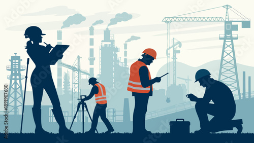 Construction site with engineers and architects in silhouette, using technology for development