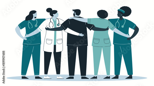 Diverse medical professionals in silhouette embracing, representing teamwork and support in healthcare