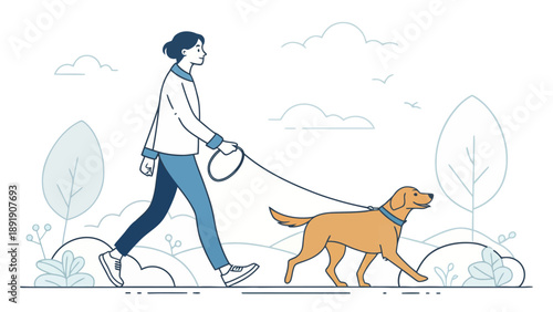 Woman walking her dog in a park, simple illustration of outdoor activity and companionship