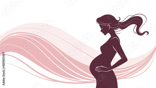 Elegant silhouette of a pregnant woman with flowing hair against a soft pink abstract background, symbolizing new life and anticipation.