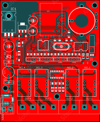 Vector printed circuit board of electronic 
device with components of radio elements, 
conductors, contact pads placed on pcb. 
Engineering technical drawing. Pcb pattern. 
Electric background. 
