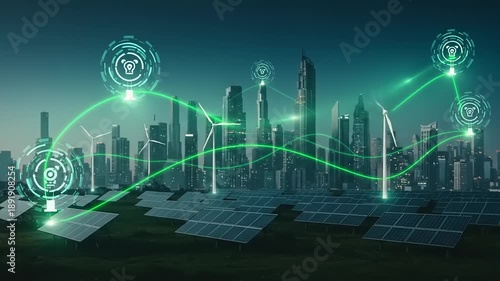 Sustainable cityscape with renewable energy sources and futuristic network connections at dusk from an aerial viewpoint