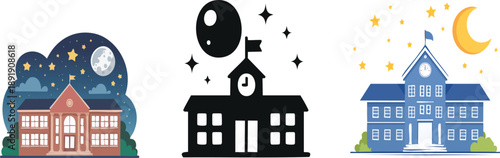 School Building at Night with Moon and Stars Illustration for Evening Education