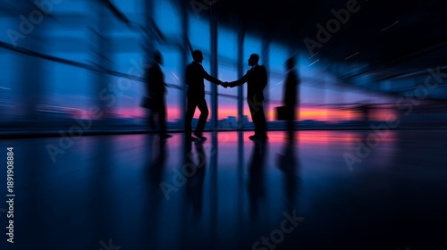 Abstract Representation of Business Interaction in Blur Motion at Sunset Through Large Windows with Silhouettes of Professionals Engaging in Negotiation and Partnership