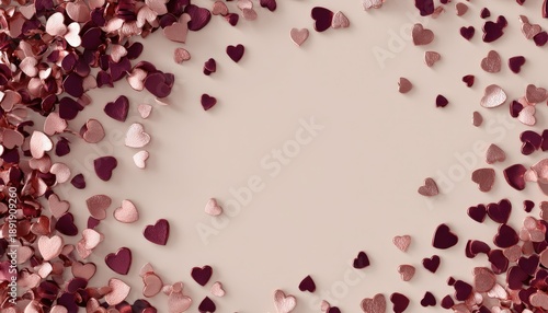 Scattered metallic heart shapes form a decorative border on a pale background