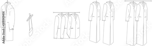 Minimalist vector illustration featuring various long coats and jackets on hangers, showcasing fashion sketches in a clean line art style.