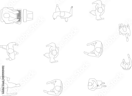 Technical vector illustration of people silhouettes from a top view perspective, featuring individuals walking, sitting, and working.