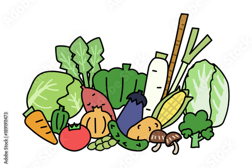 落書き風の野菜が集まったイラスト