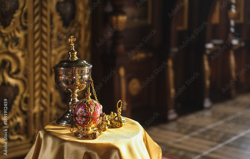 Ταπετσαρία Christian Orthodox Church ceremonial censer close-up.