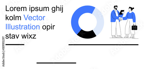 Teamwork, business strategy, data analysis, professional communication, partnership, workflow. A pie chart and two professionals shaking hands. Teamwork and business strategy