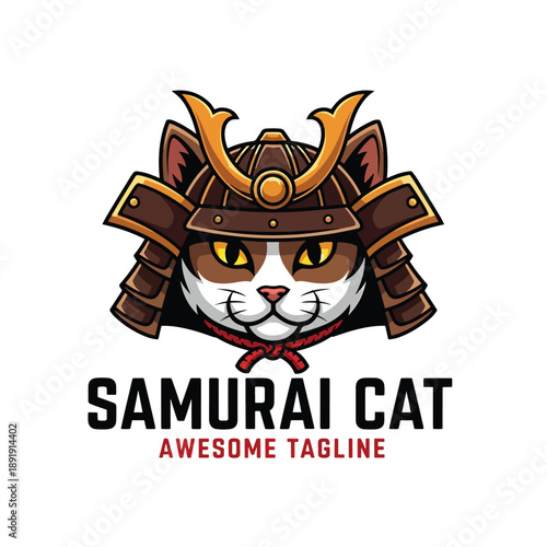 Bold Warrior Feline Emblem: Cartoon Cat in Traditional Samurai Helmet Vector Illustration