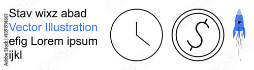 Time management, finance, success, productivity, innovation, creativity. Minimalist clock and dollar icons alongside a blue rocket graphic. Time management and financial concept