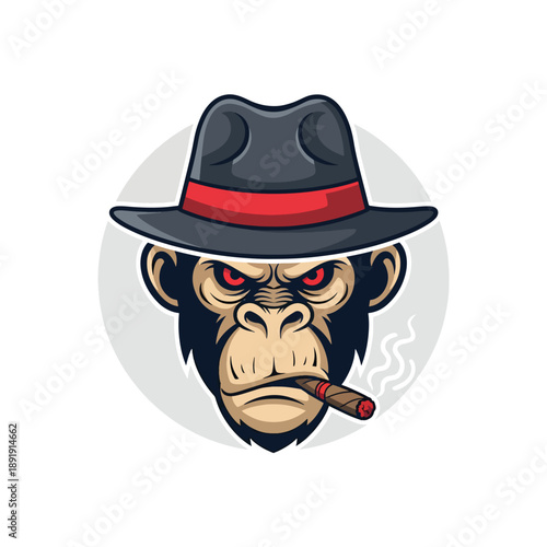 Angry gorilla mascot in fedora hat smoking a cigar, powerful vector illustration