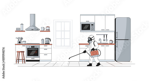 Pest Control Worker in Hazmat Suit Spraying Kitchen Floor for Disinfection and Insect Extermination.