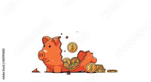 Shattered Orange Piggy Bank with a Pile of Gold Dollar Coins Spilling Out for Business and Economy Concept Graphics.