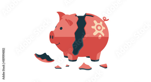 Cracked Red Piggy Bank with a Gear Symbol and Shattered Pieces on a White Background for Industrial Financial Crisis.