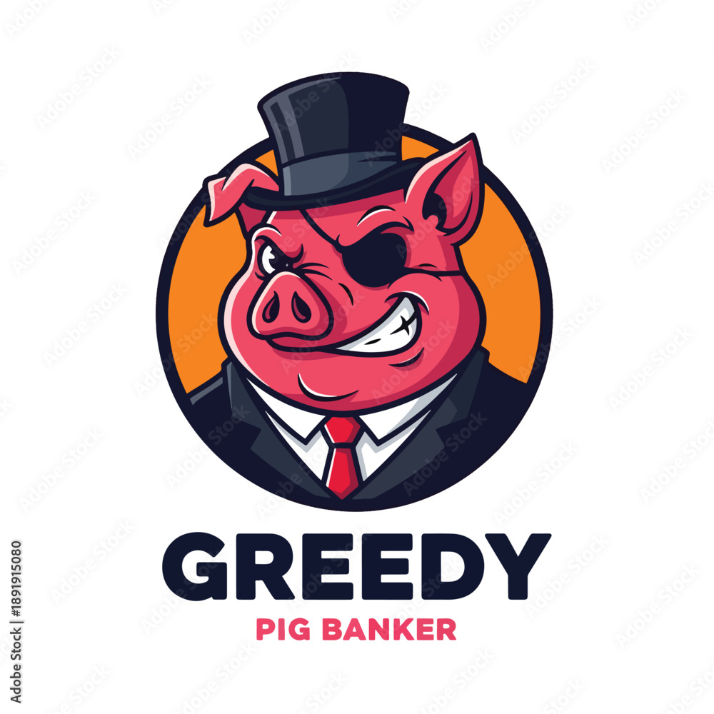 Fototapeta premium Sharp-dressed pig character illustration with an eyepatch, formal suit, and top hat, cunning expression